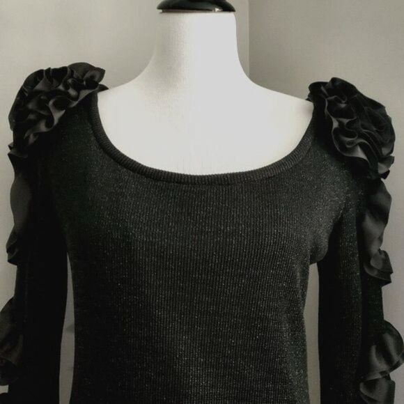 Carol Mignon Boutique 90s Black Sparkle Ruffle Ribbon Bodycon Cocktail Dress - Picture 2 of 11